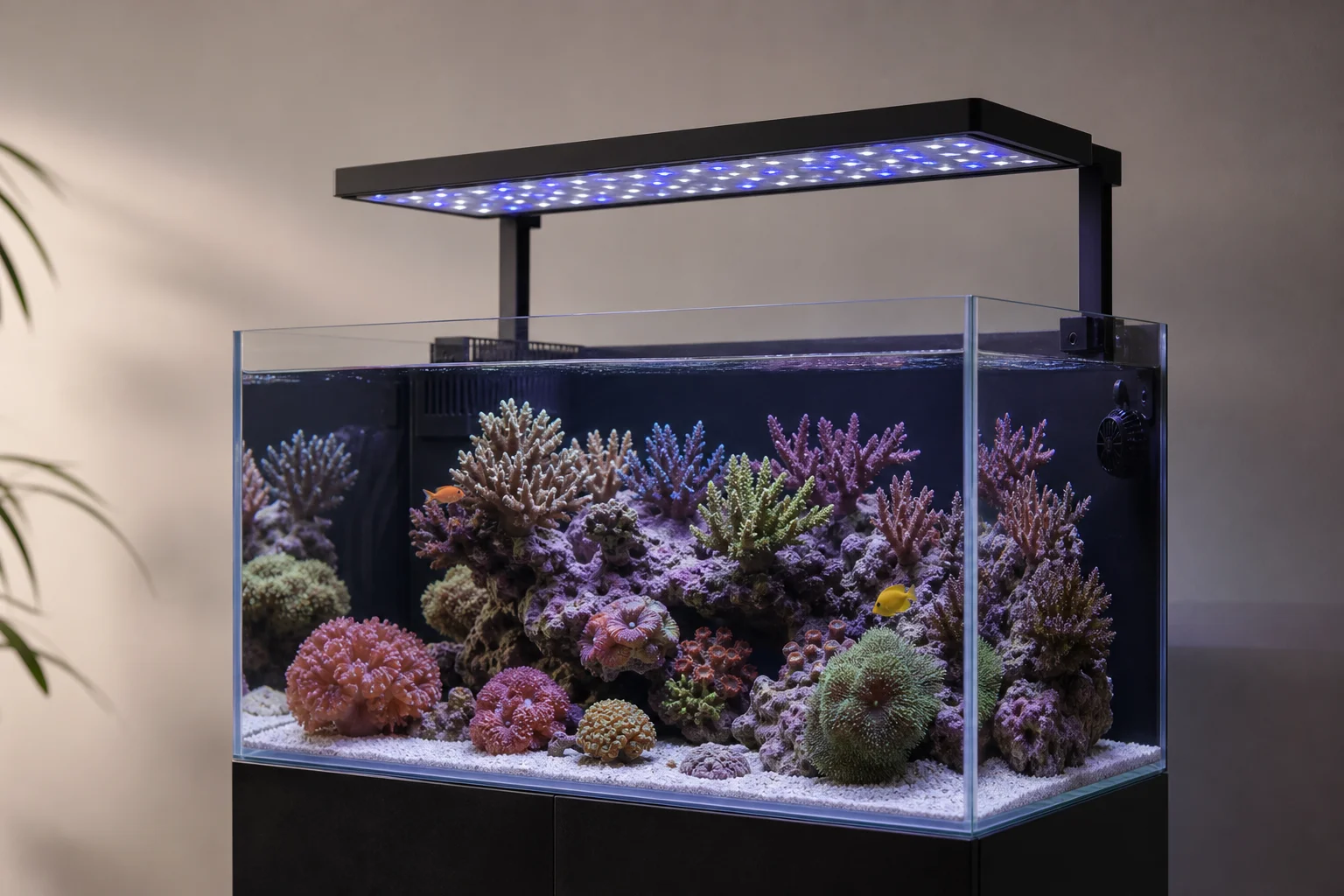 Fluval Reef 4.0 LED light mounted above a vibrant reef aquarium tank