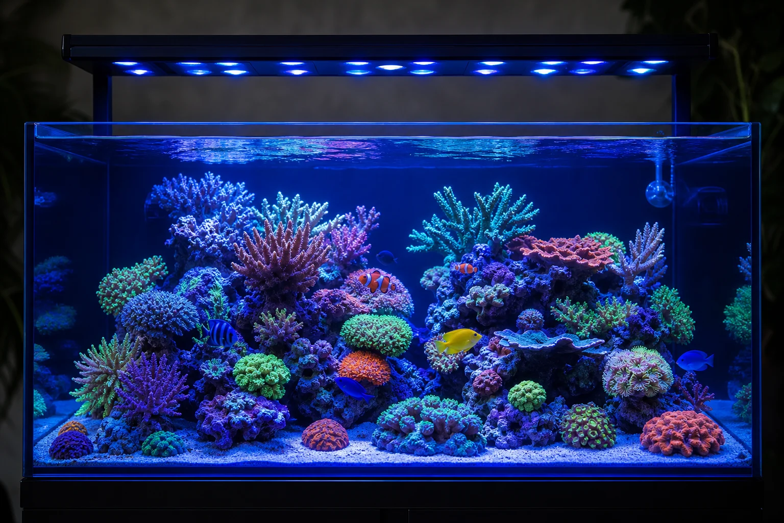 Revakvarium upplyst med blått spektrum som visar korallernas fluorescens
