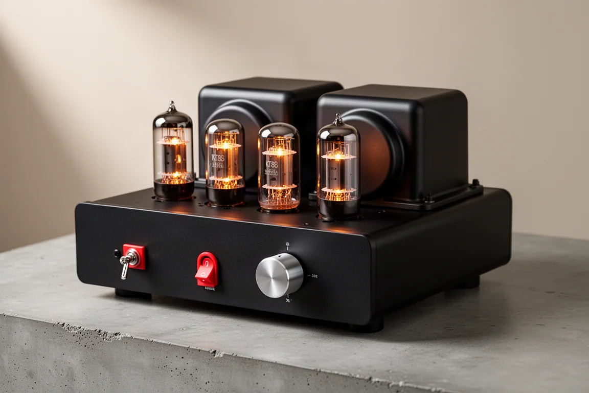 Matte black tube integrated amplifier with glowing KT88 valves on concrete