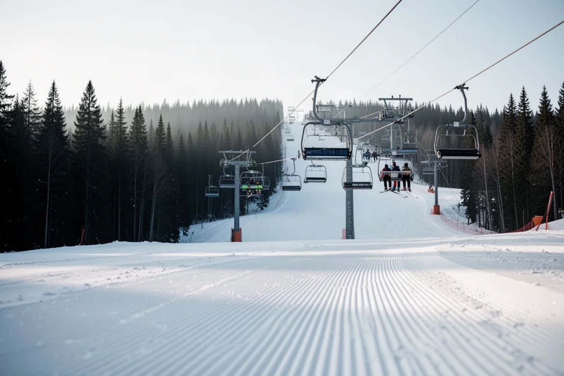 Skiers riding a resort chairlift over groomed runs in clear morning light