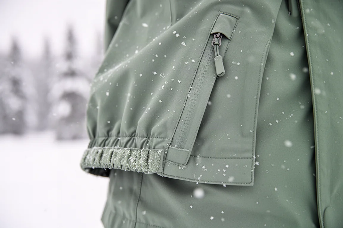 Close-up of a ski jacket hem and powder skirt with snow settling on the fabric
