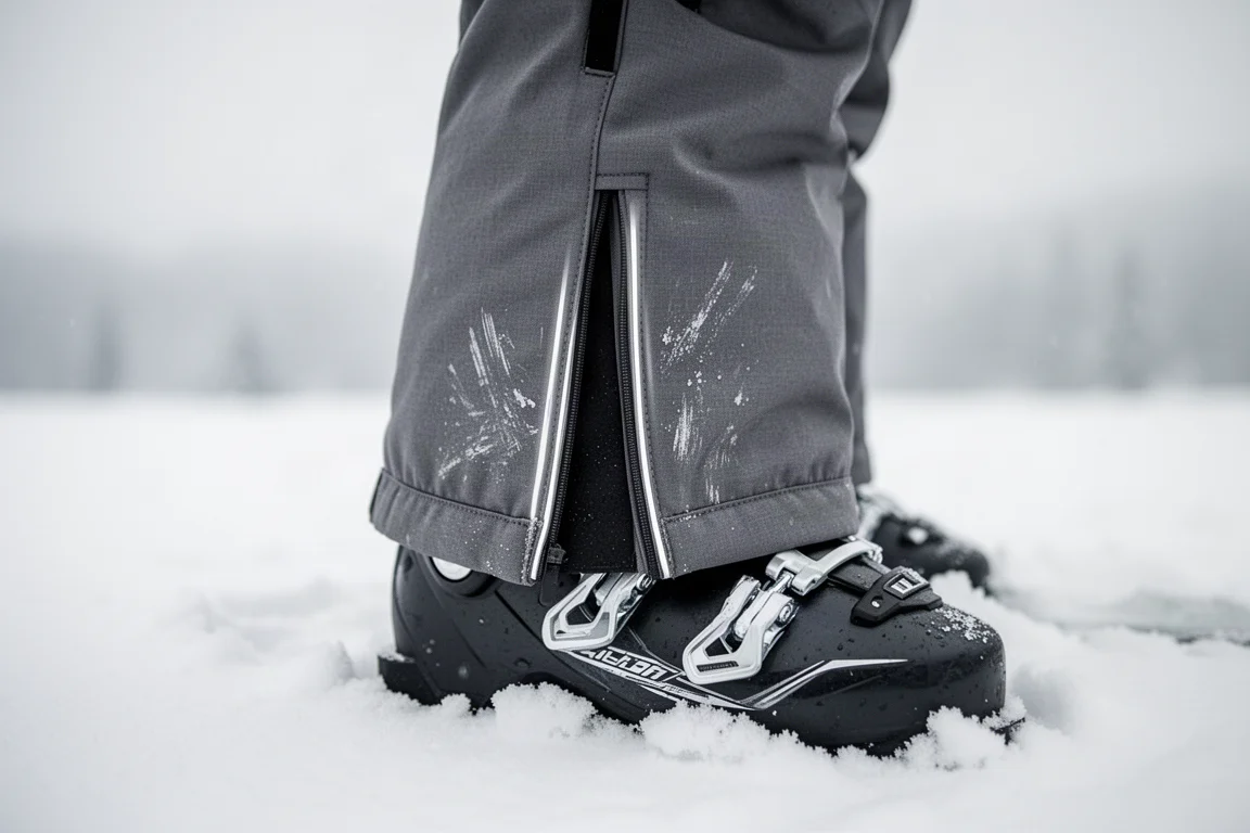 Ski pant cuff resting over a ski boot with edge marks on reinforced fabric