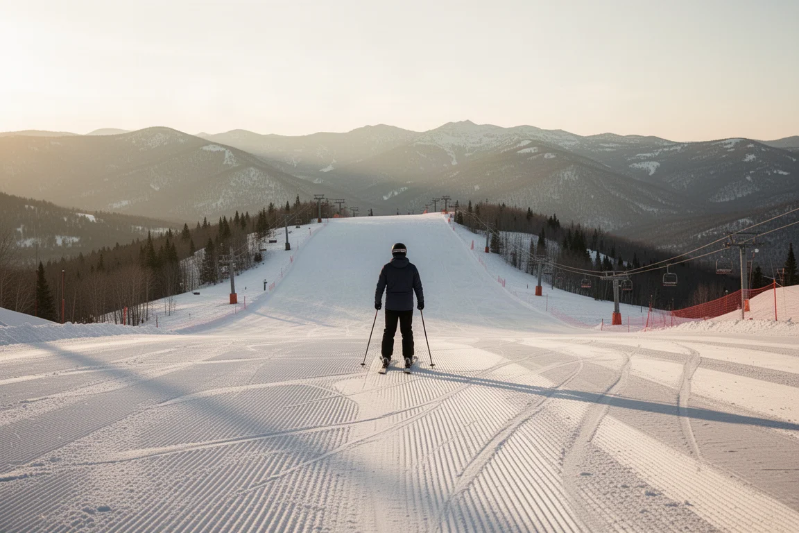 Skier at the top of a groomed resort run in late afternoon light