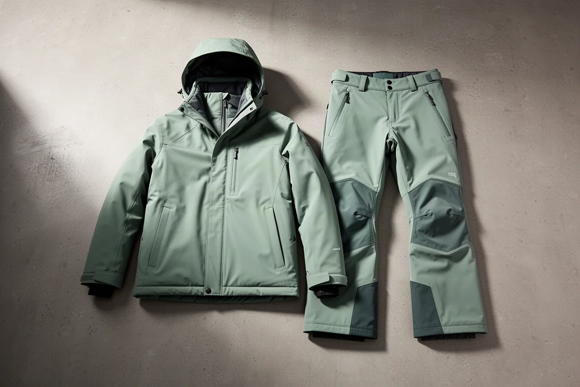 Muted green ski jacket arranged beside matching three-layer shell ski pants on concrete