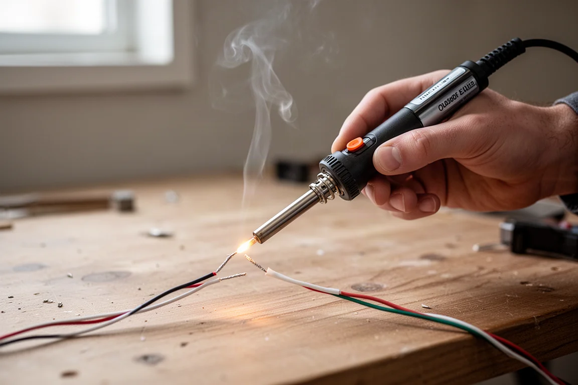Soldering two wires together with the cordless iron on a workbench