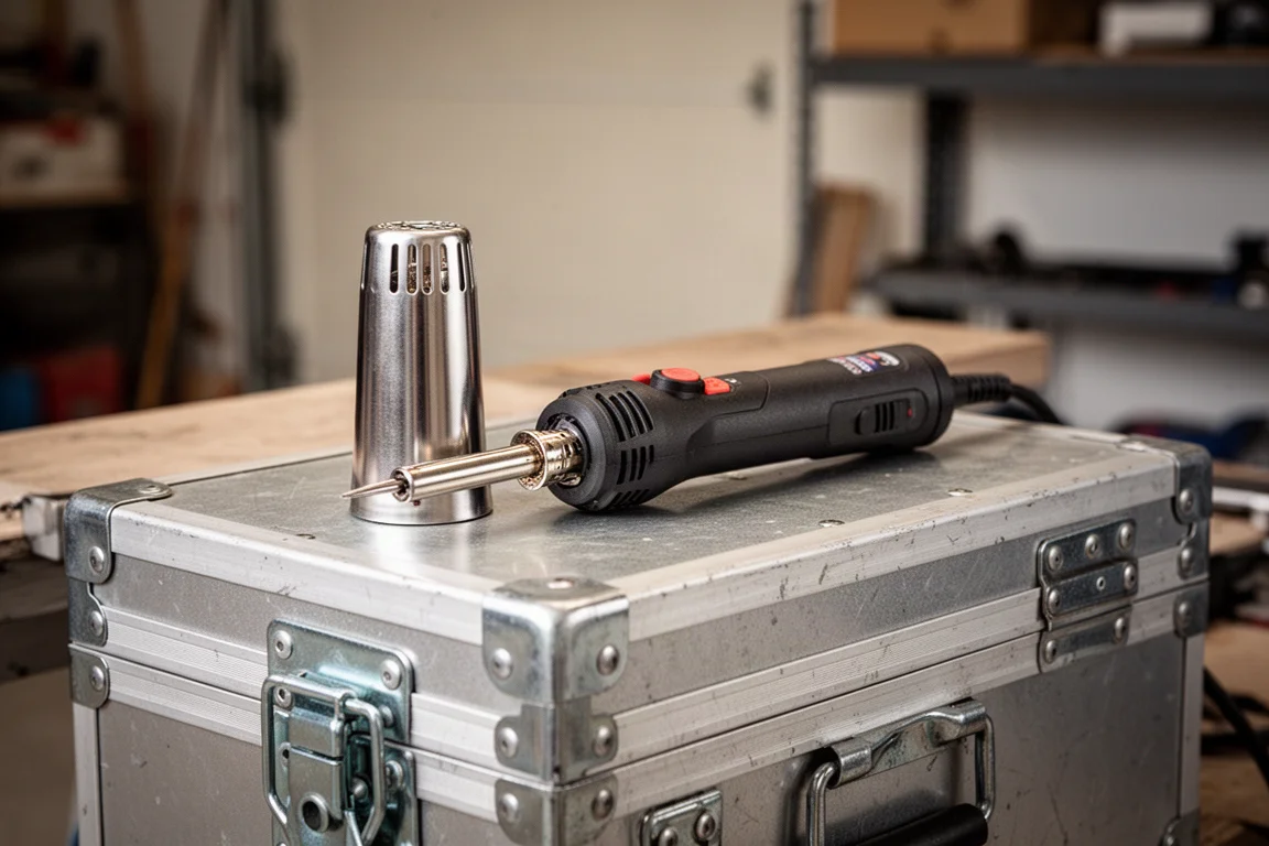 Metal cap with cooling vents placed next to the soldering iron on a toolbox