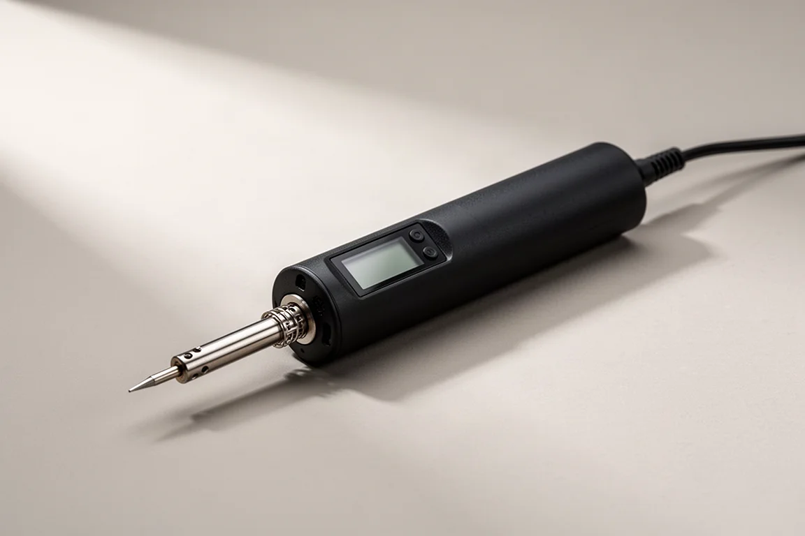 FNIRSI HS-03 cordless soldering iron with LCD display on a light grey backdrop