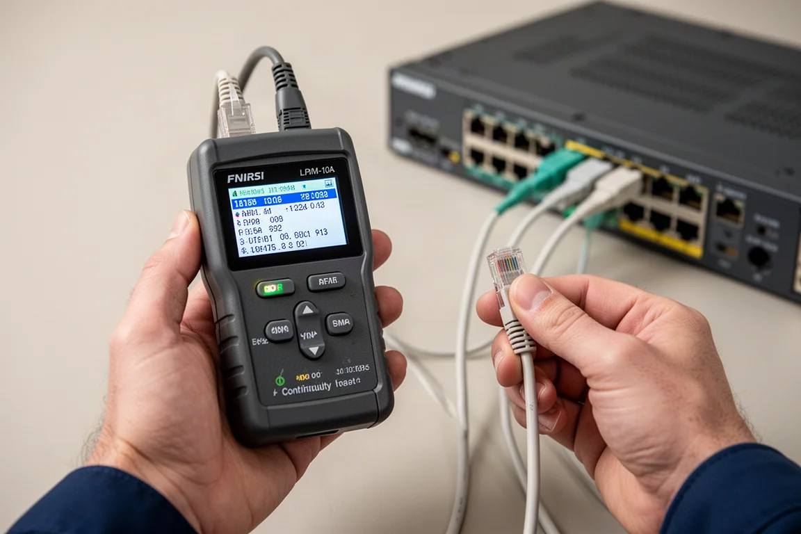 Hands holding the FNIRSI LPM-10A transmitter while testing an Ethernet cable connected to a switch