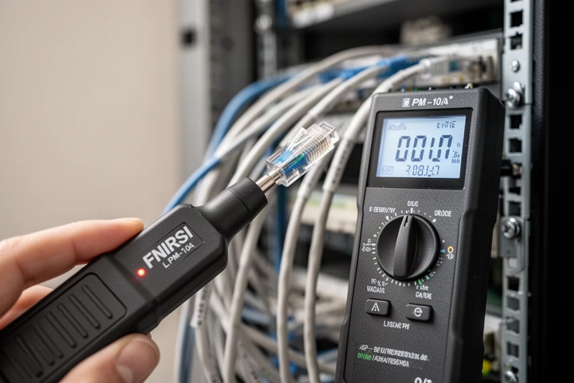 FNIRSI LPM-10A receiver probe near a bundle of Ethernet cables in a network rack