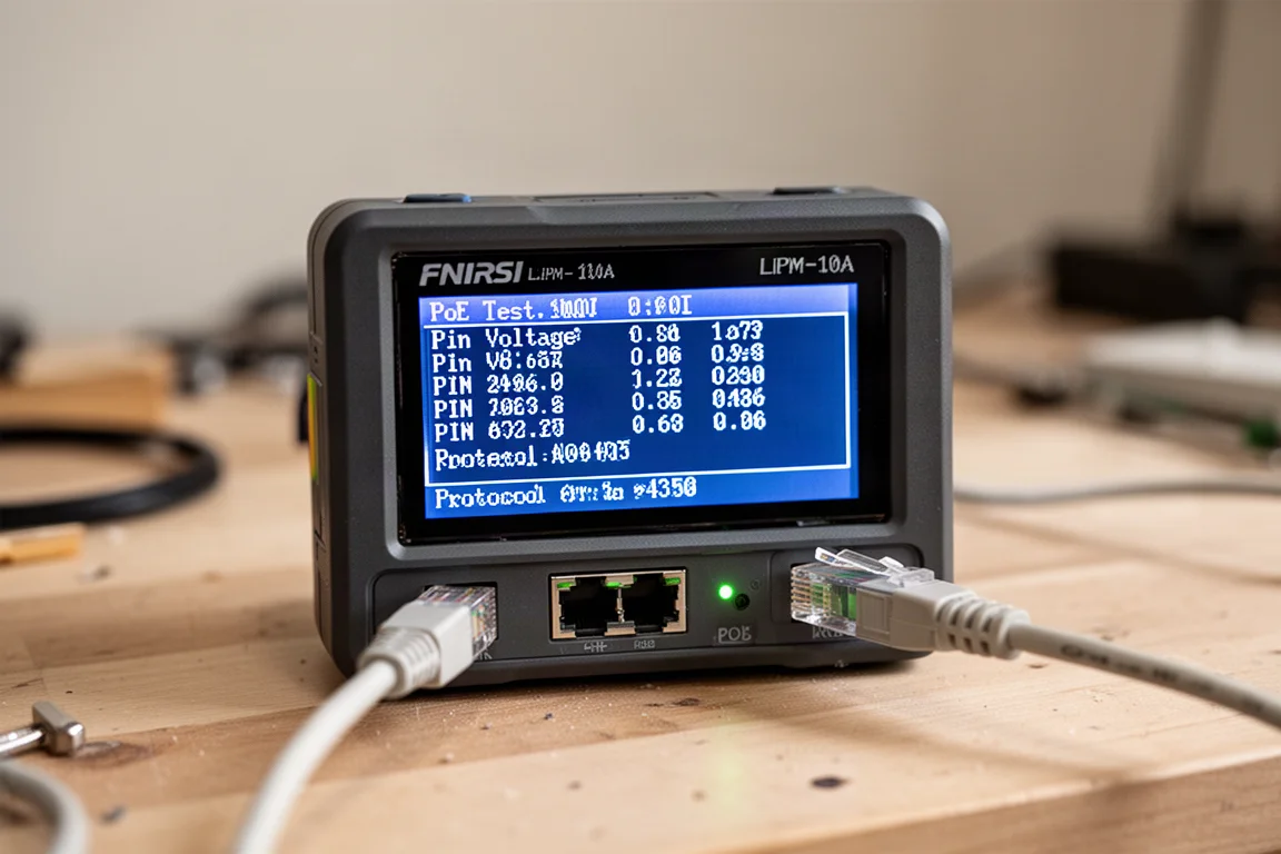 FNIRSI LPM-10A transmitter LCD screen displaying a PoE test result