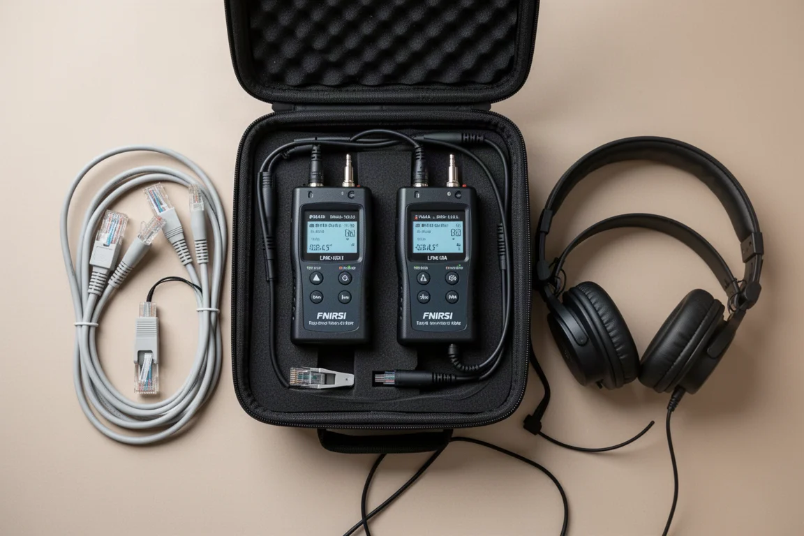 FNIRSI LPM-10A transmitter and receiver in a case with included accessories