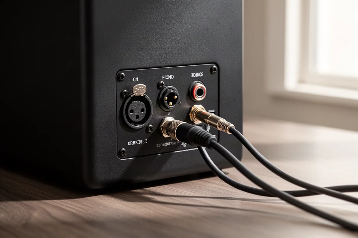 錄音室監聽喇叭後方連接面板，插上 XLR、RCA 與 jack 線材