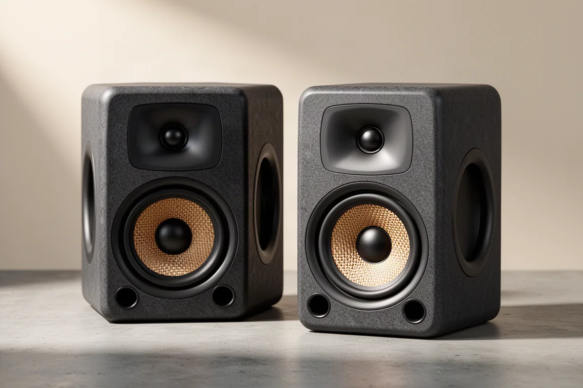 Pair of dark charcoal active studio monitor speakers on a concrete surface