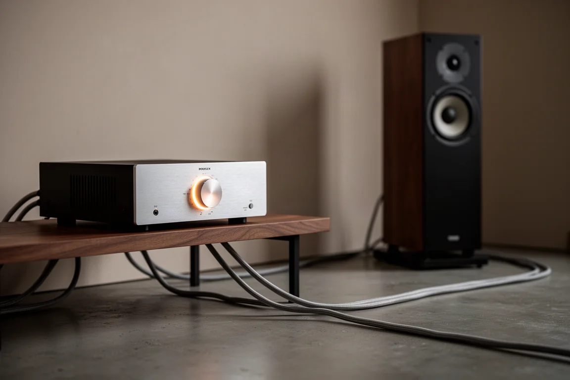 Amplificatore integrato su un ripiano in legno con cavi di potenza che corrono verso un diffusore a torre
