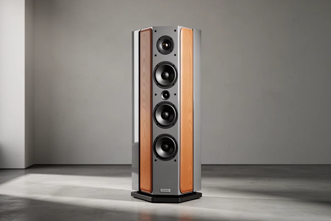 Gloss ash grey floorstanding tower loudspeaker in a minimalist listening room
