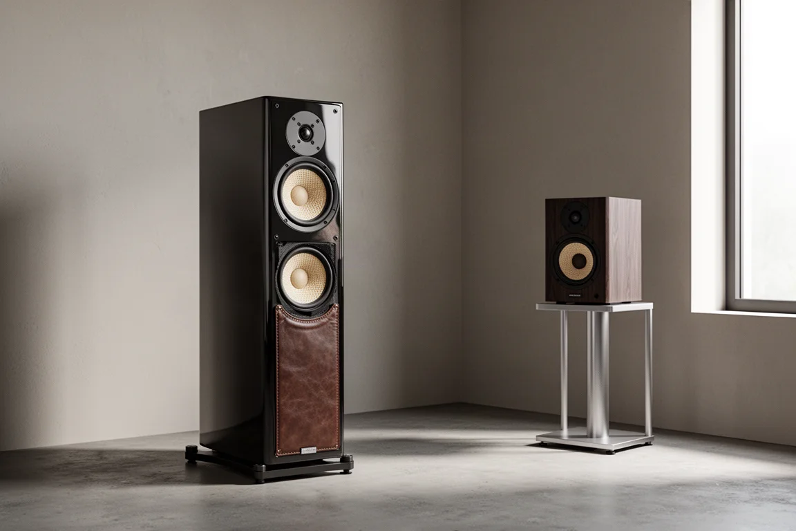 Slim floorstanding and stand-mount speakers in a minimalist listening room
