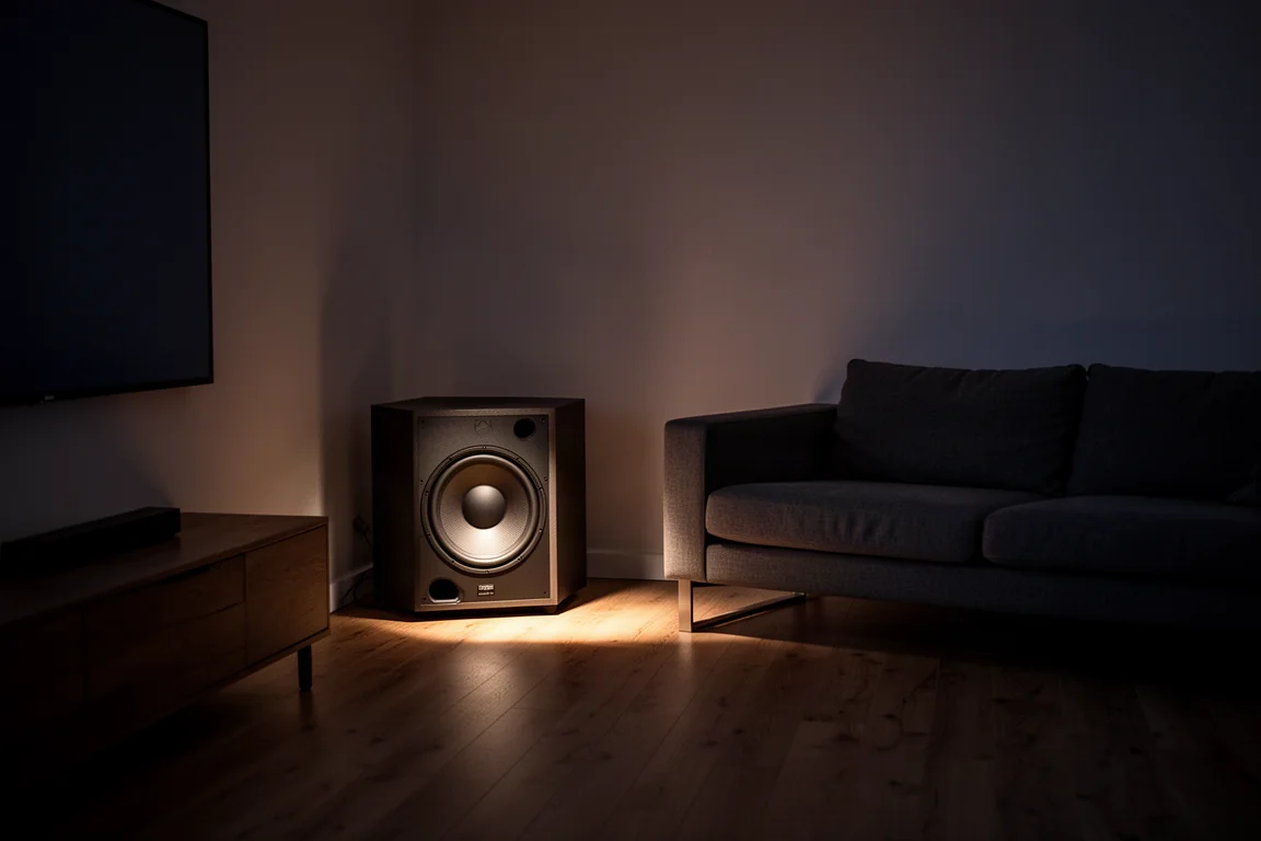 Salón con luz tenue de noche y un subwoofer de cine en casa en la esquina