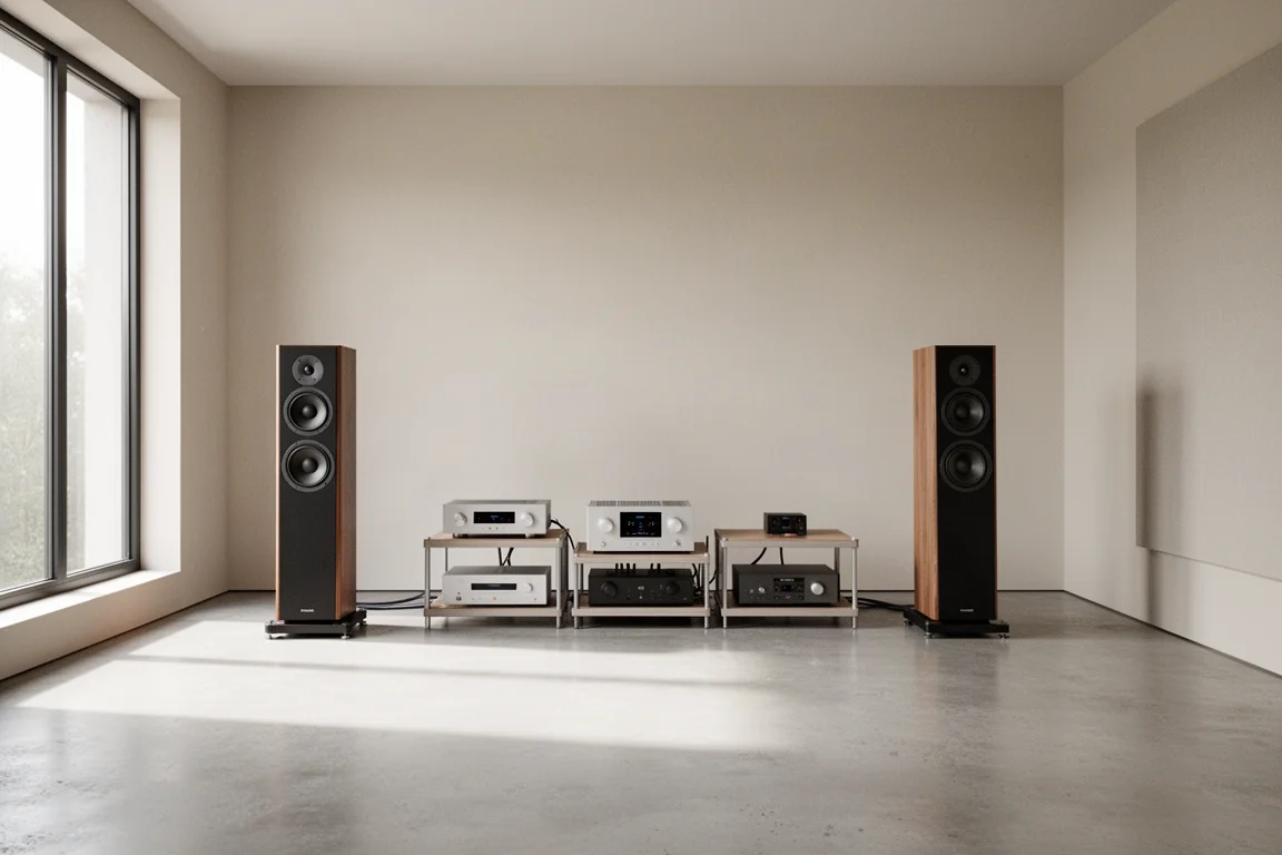 Sala de escucha minimalista con dos torres separadas de la pared