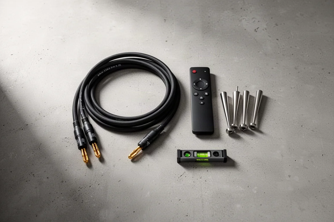 Vista superior plana de cables de altavoz, puntas, un mando y un nivel de burbuja