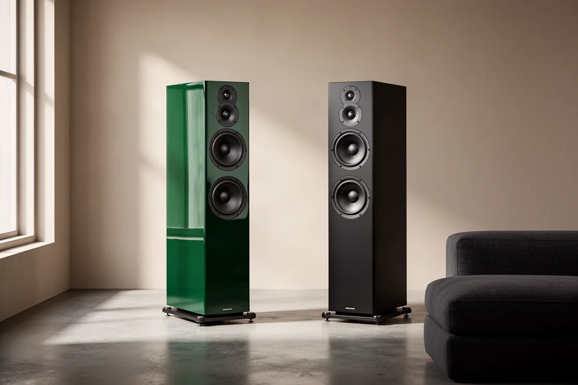 Two floorstanding tower speakers in a minimalist listening room with soft window light