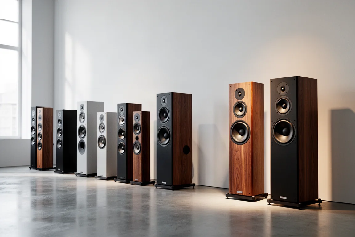 Fila di diffusori da pavimento di diverse dimensioni lungo la parete luminosa di un negozio hi-fi
