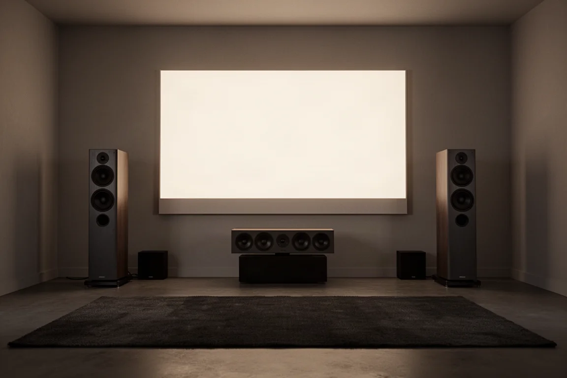 Home cinema in un soggiorno in penombra con diffusori alti e un canale centrale sotto uno schermo luminoso