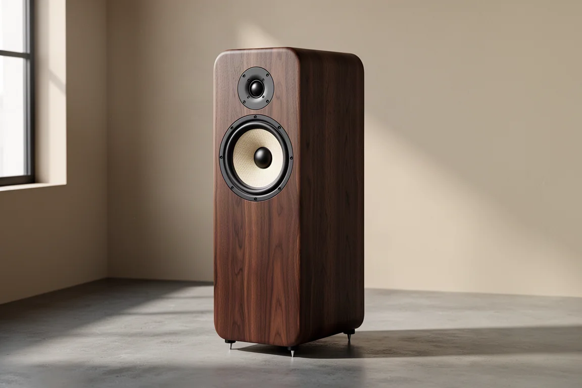 Tall dark-wood floorstanding tower speaker in a quiet listening room with soft window light