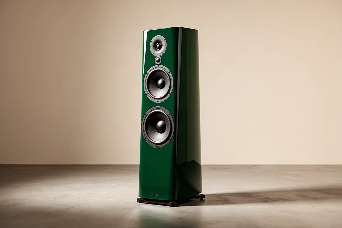 Tall green three-way floorstanding loudspeaker on a concrete floor in a softly lit room