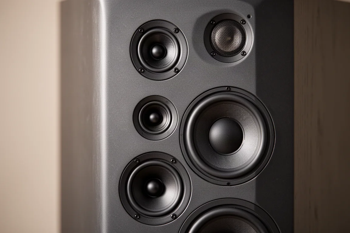 Primo piano del baffle frontale di un diffusore a torre con tre woofer, un midrange e un tweeter