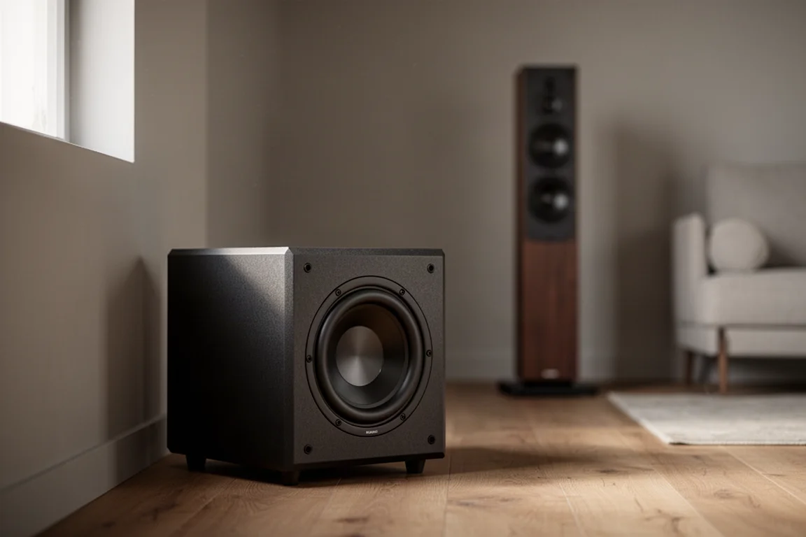 Subwoofer compatto nell'angolo di un soggiorno con un diffusore a torre dietro