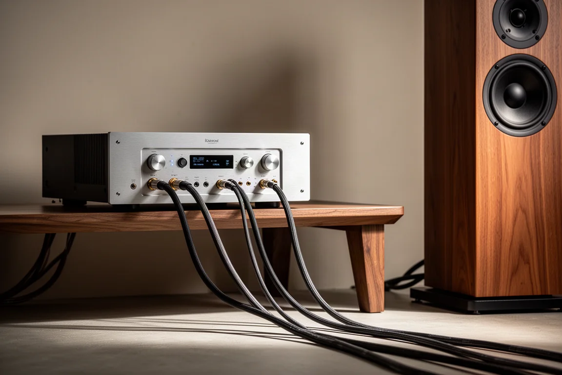 Amplificatore di potenza stereo su una mensola in legno con cavi verso un diffusore a torre