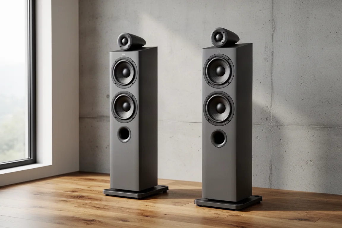 Pair of tall charcoal floorstanding tower speakers in a minimal listening room