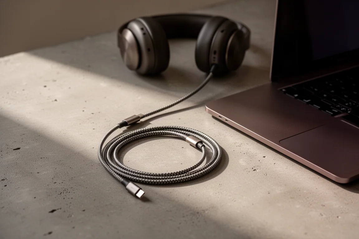 一條編織 USB-C 線橫越混凝土桌面，連向一部纖薄手提電腦