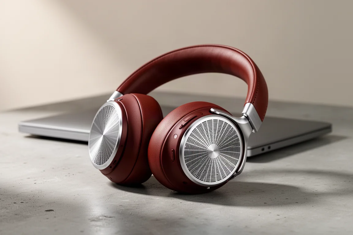 Over-ear headphones with chestnut ear cups and leather headband on a concrete surface