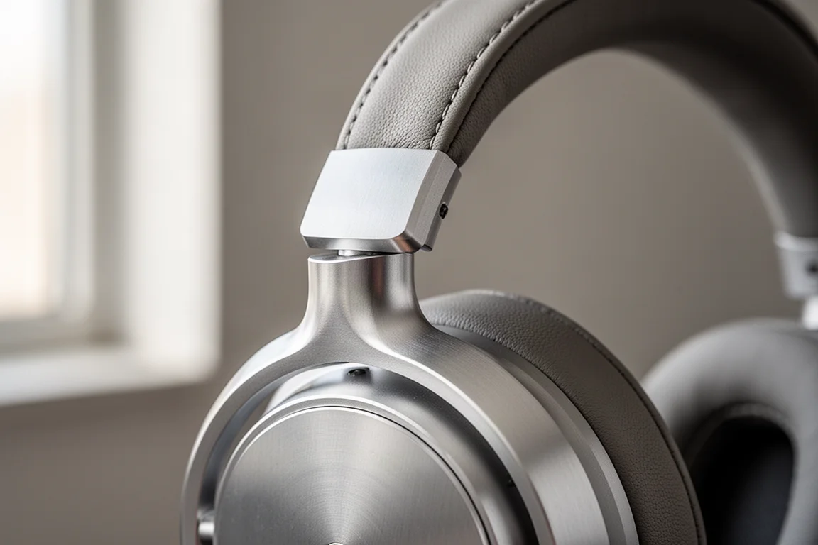 USB-C-kabel van een laptop naar een over-ear hoofdtelefoon op een houten bureau
