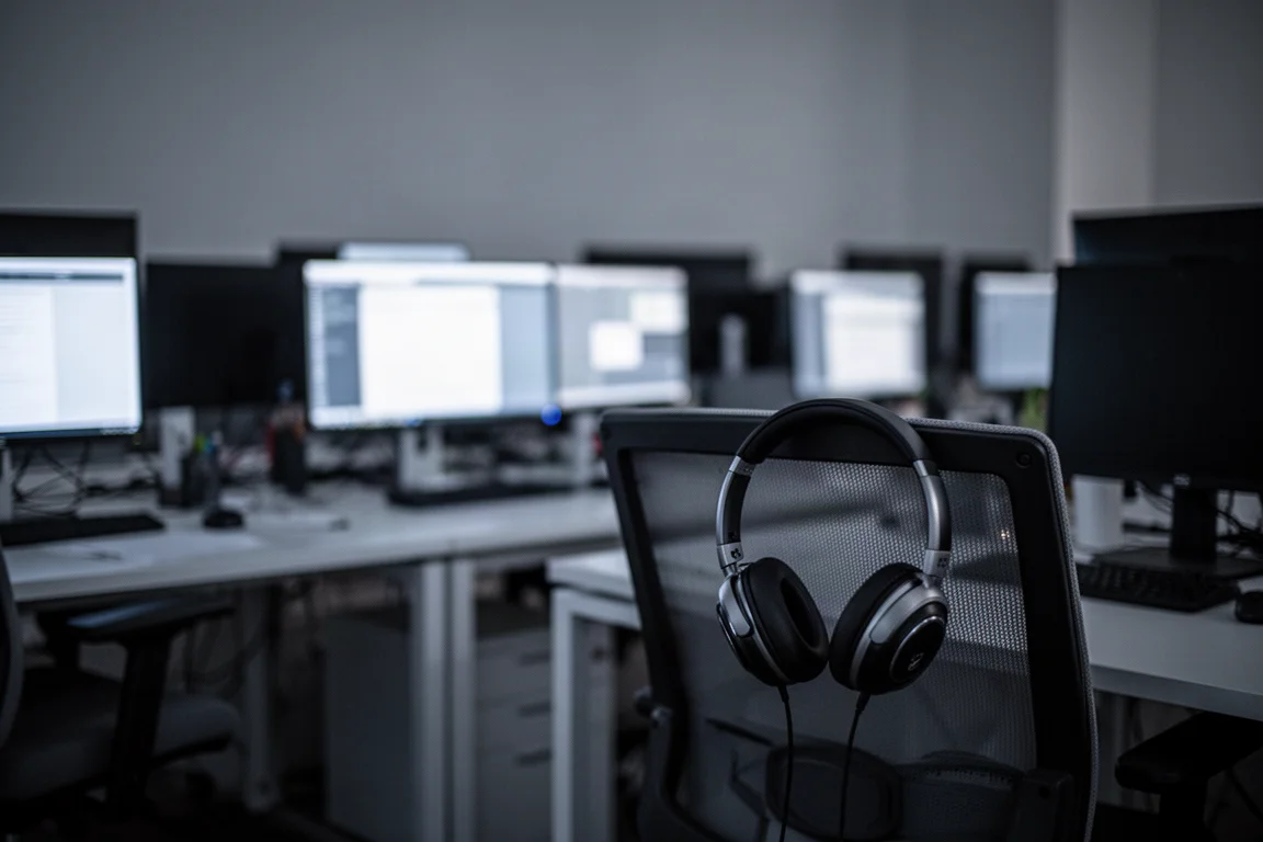 Over-ear hoofdtelefoon op een standaard naast een gesloten laptop in een stil kantoor