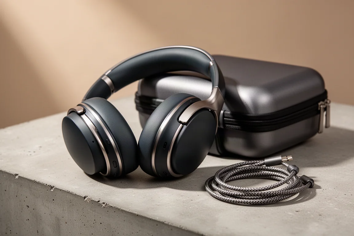 Black over-ear wireless headphones with perforated aluminium ear cups on a concrete surface