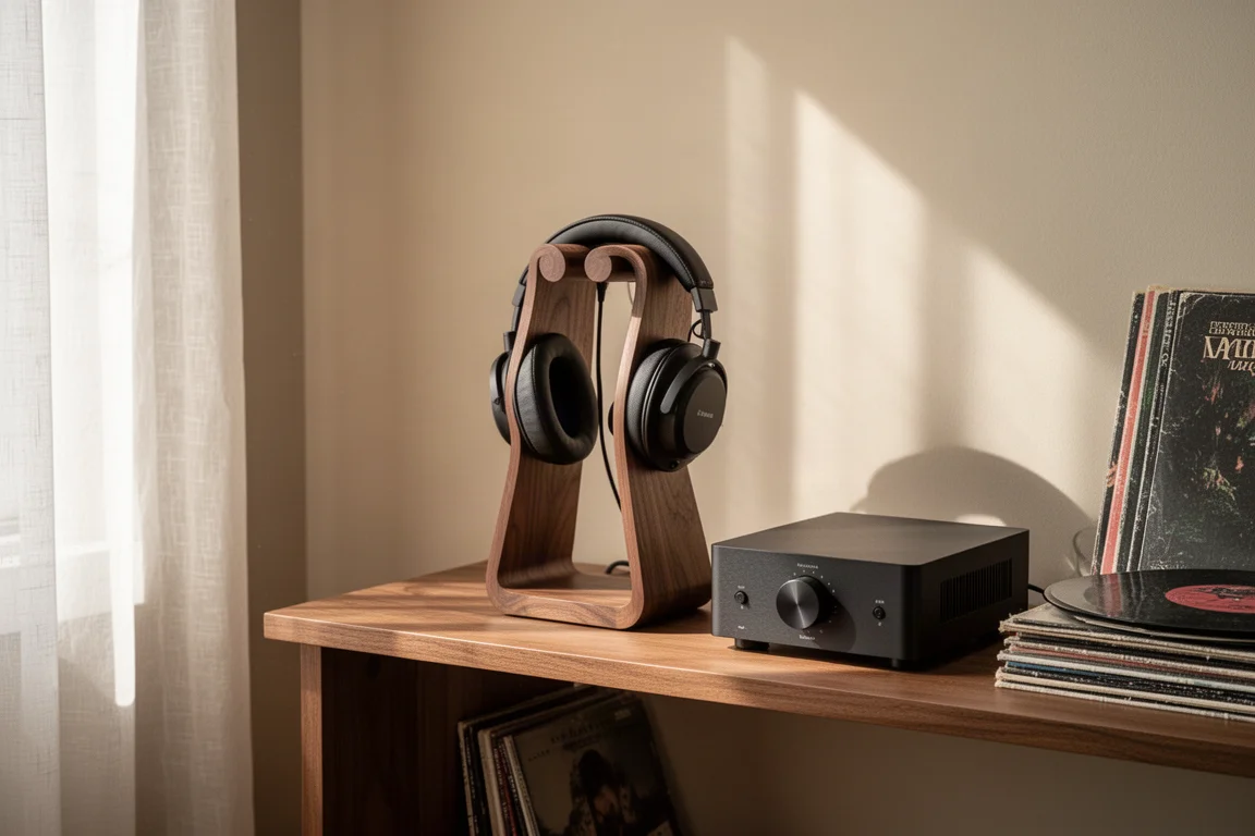 Hörecke zu Hause mit Kopfhörerständer, Desktop-Verstärker und Schallplatten