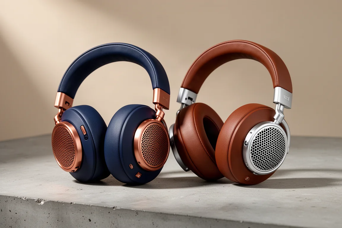 Two over-ear headphones, one navy blue with copper accents and one chestnut brown with silver accents, on concrete