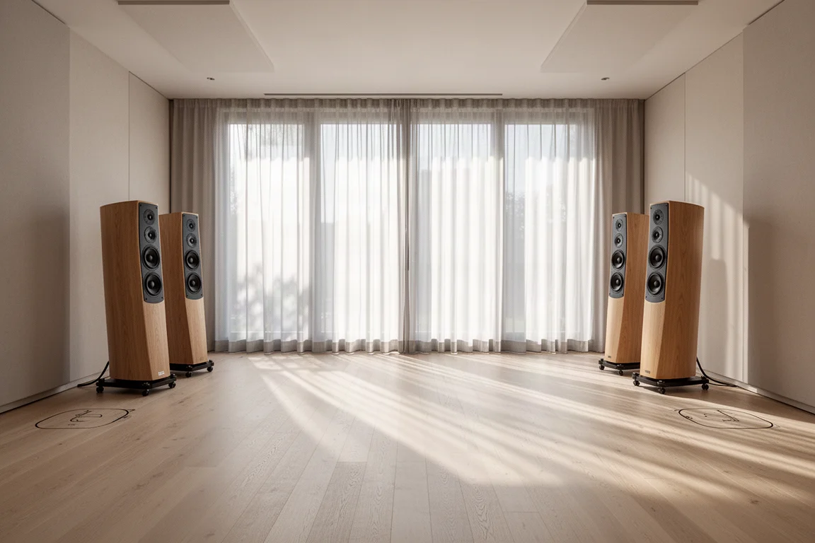 Large open listening room with two tall curved floorstanding speakers on casters
