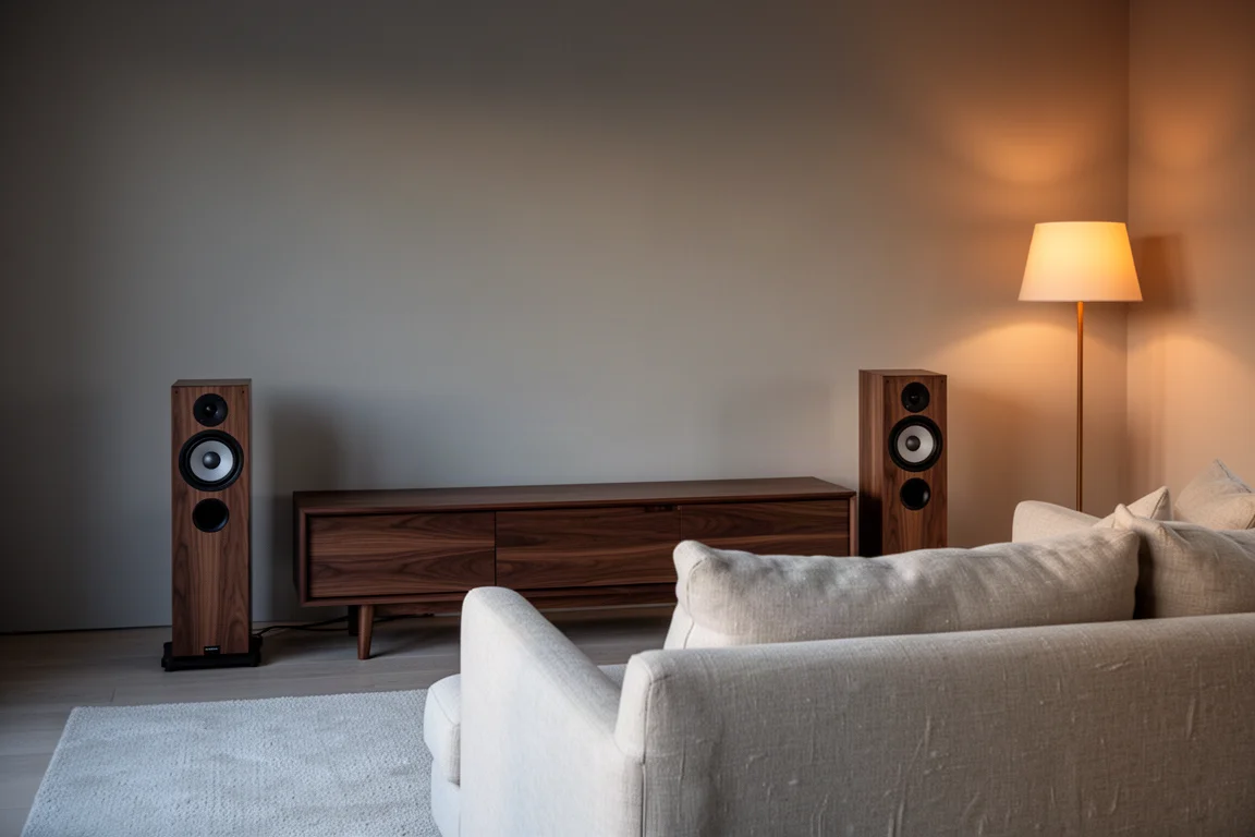 Medium living room at dusk with two smaller floorstanding speakers beside a console