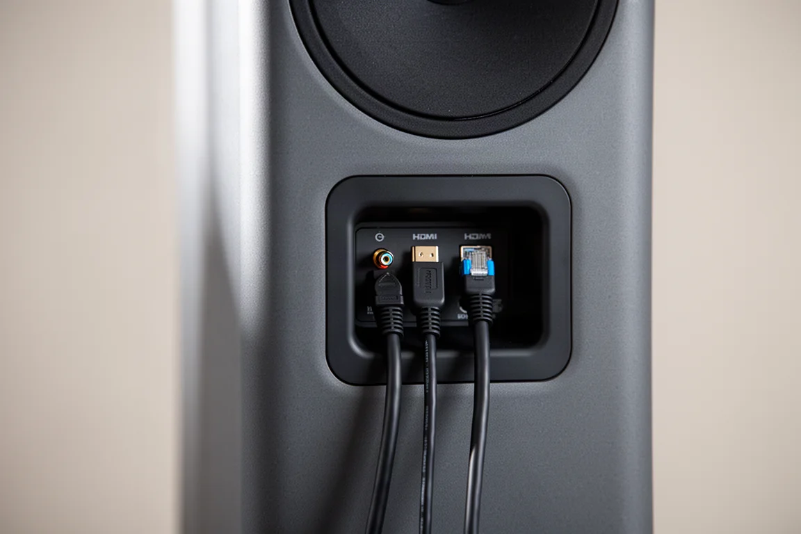 Close detail of a speaker connection panel with optical, HDMI and Ethernet cables