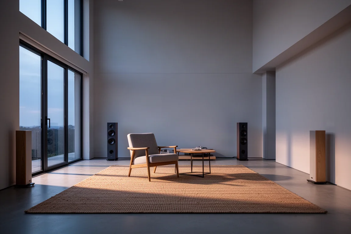 Spacious high ceiling room with large windows and a woven rug at dusk