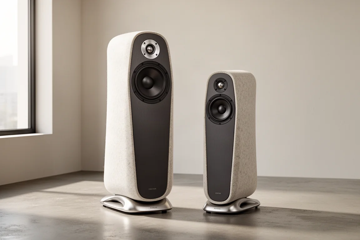 Two curved floorstanding speakers, one taller than the other, in a bright minimalist room