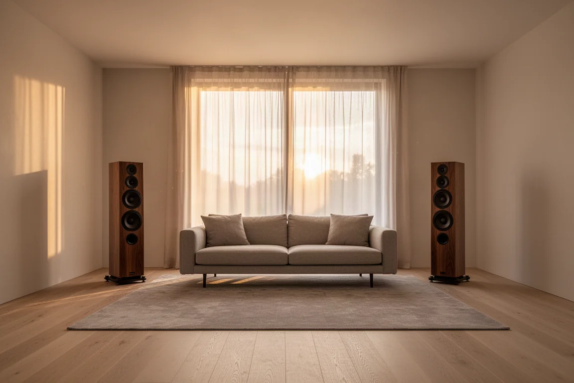 Pair of slim active floorstanding speakers flanking a sofa in a bright modern living room