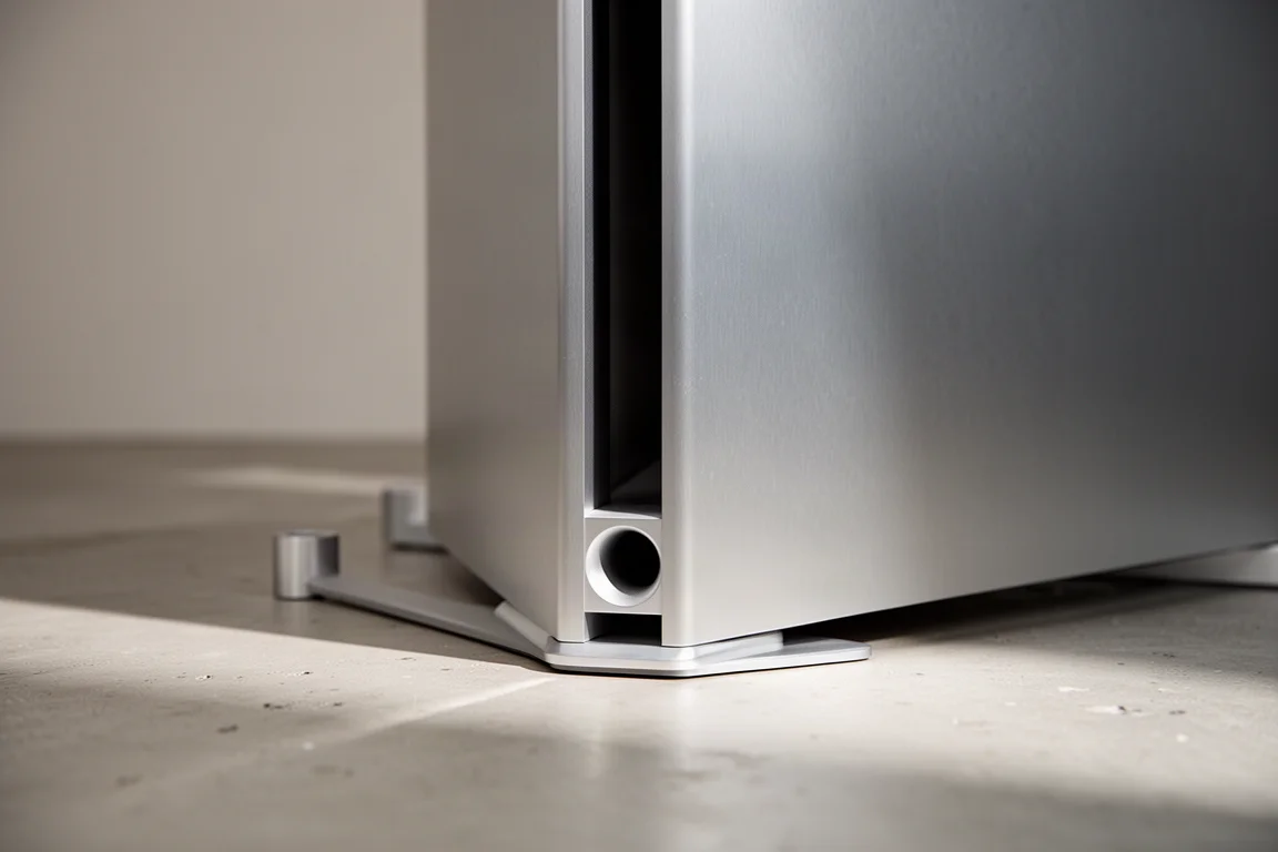 Detail of a felt side panel and slim cabinet edge on a floorstanding speaker