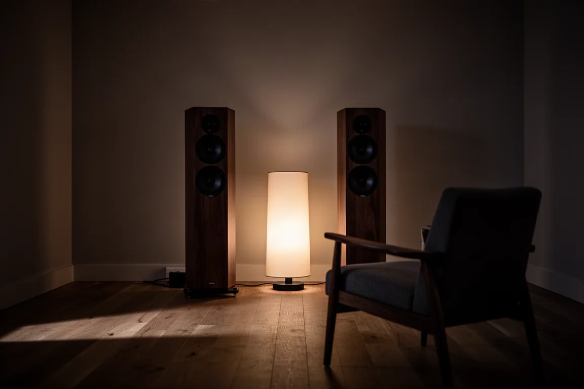 Smartphone resting on a table while setting up a wireless speaker system
