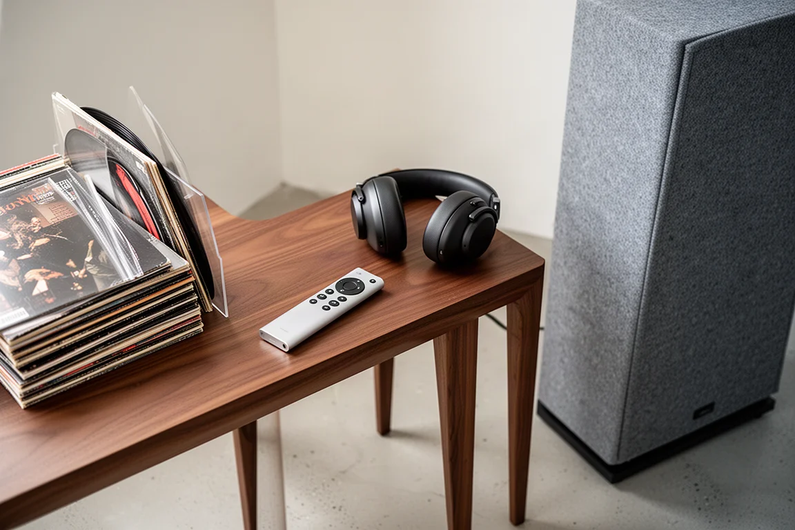 Listening chair facing two slim floorstanding speakers in a dim evening room