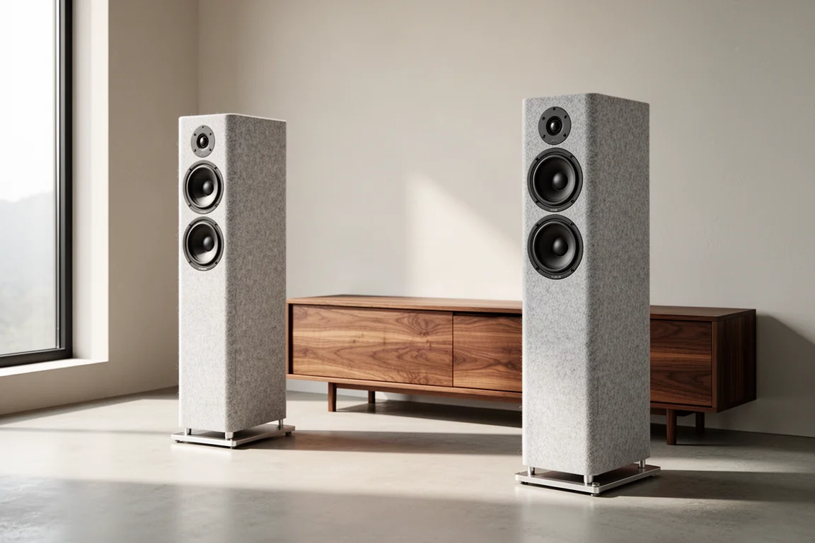 Slim matte black floorstanding loudspeaker with grey felt side panel on a polished concrete floor