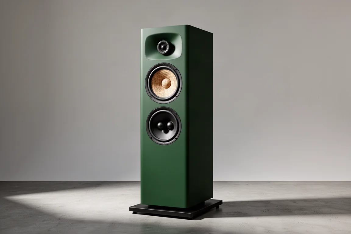 Dark green three-way floorstanding speaker on a plinth against a neutral grey backdrop